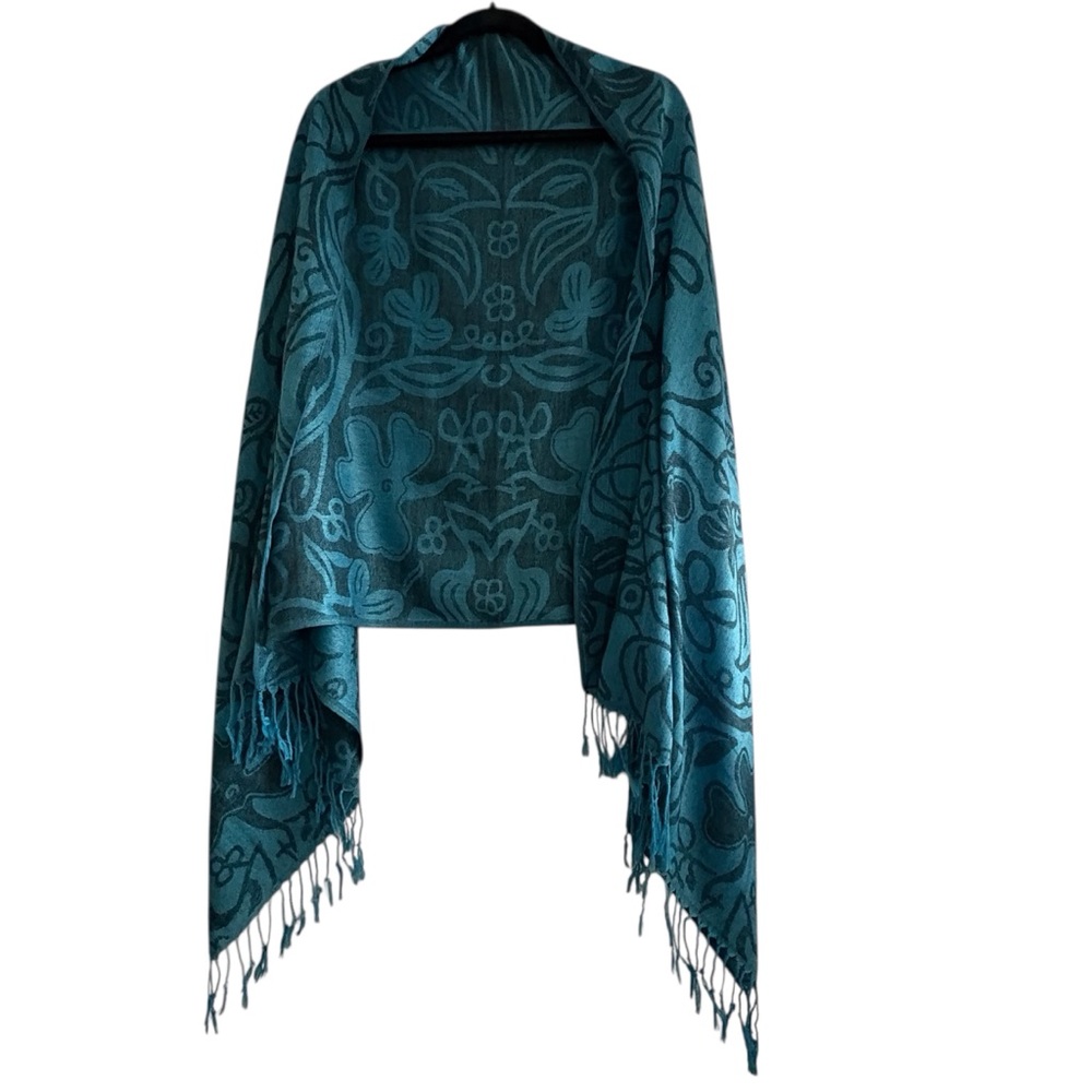 Turquoise Blue Teal Floral Fringed Shawl Wrap Scarf